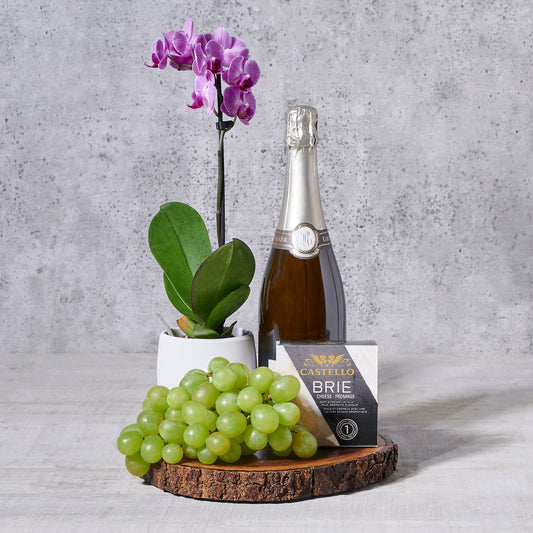 Tropical Paradise Champagne Gift Basket, sparkling wine, sparkling wine gift, champagne gift, champagne, orchid gift, orchid, fruit gift, fruit, plant gift, plant