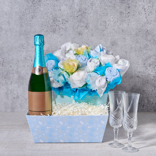 New Baby Boy Gift Basket, sparkling wine gift, sparkling wine, champagne gift, champagne, baby gift, baby, new baby boy gift, new baby boy