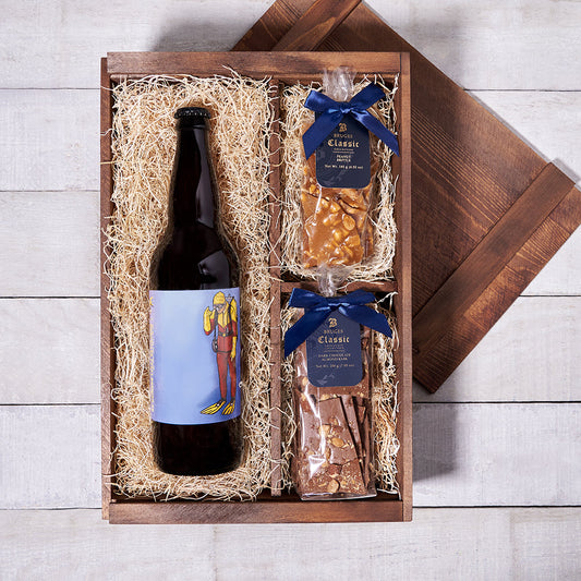 Gourmet beer gift in a box with dark chocolate almond bark and peanut brittle