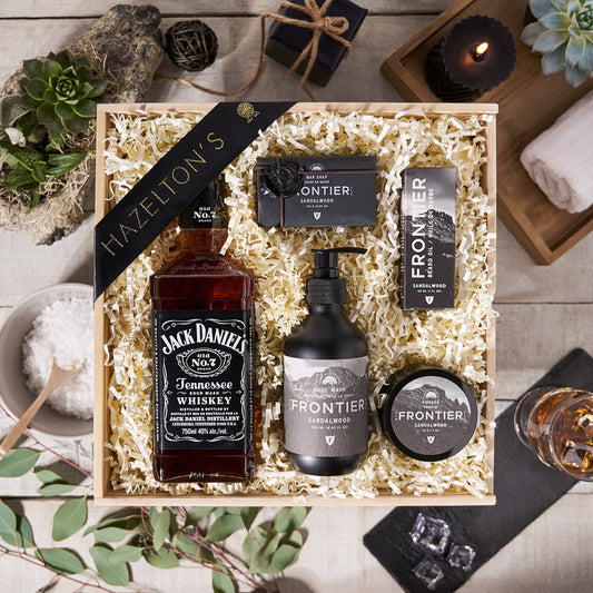 liquor gift crate, jack daniels, spa gift crate, skincare, bath and body, lavender, spa, spa gift crate delivery, delivery spa gift crate, jack daniels crate