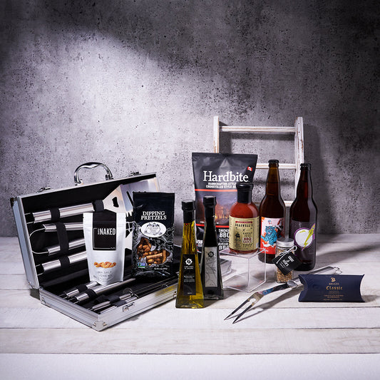 The Barbecue Beer Gift Set, beer gift baskets, gourmet gifts, beer, BBQ, cashews, grill set