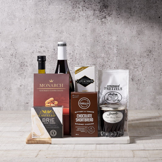 Wine and Marble Cheese Board – Wine gift baskets – wine, wine gift baskets, gift baskets, baskets, olive oil, brie cheese, cheese, brie, preserves, chocolate cookies, shortbread, peanuts, pretzels, peanut butter.